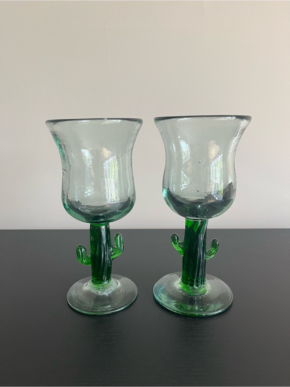 Hand Blown Cactus Art Glass Goblets Stemware Mexican Festive Southwest 2pc